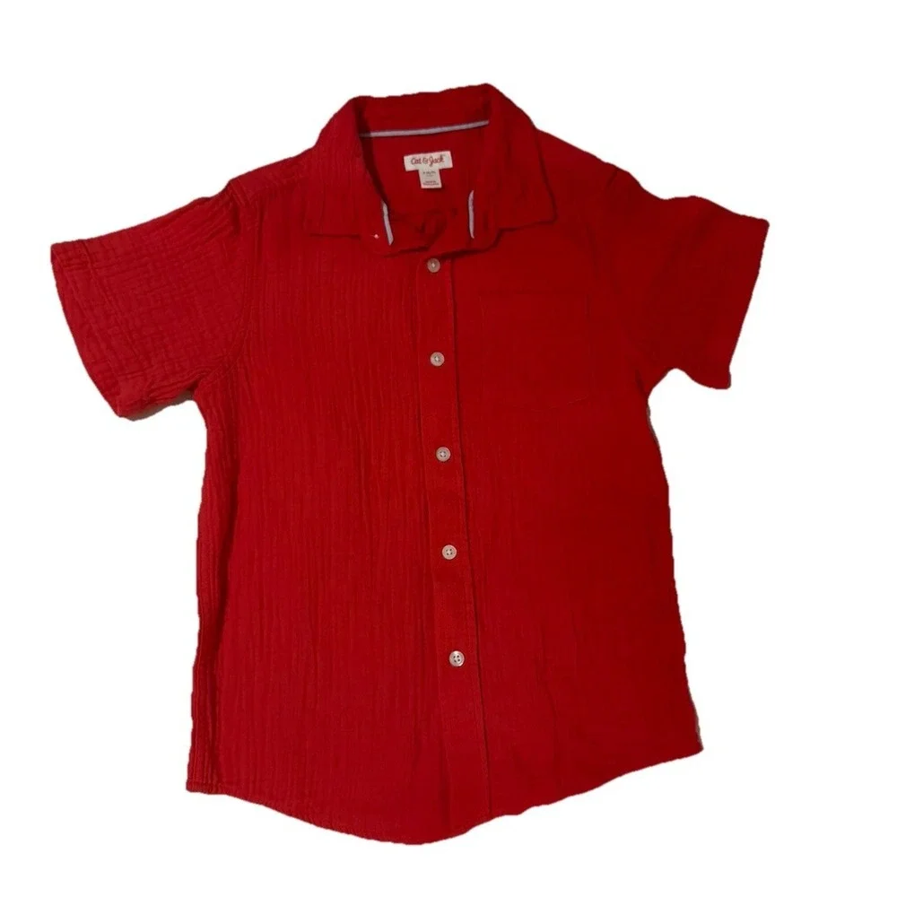 Cat & Jack Boys Small 6/7‎ Red Gauze Muslin Button Down Shirt NWT 100% Cotton